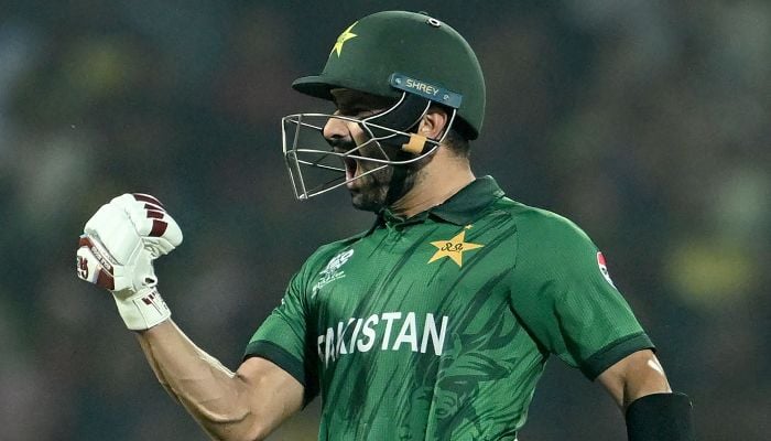 Pakistans Sahibzada Farhan celebrates after scoring a century (100 runs) during the 2026 ICC Mens T20 Cricket World Cup Super Eights match between Sri Lanka and Pakistan at Pallekele International Cricket Stadium in Kandy on February 28, 2026. — AFP