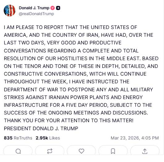 Trump orders to postpone military strikes against Iranian power plants for five days