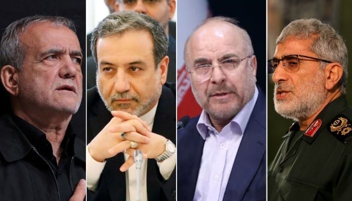 (From left) Irans President Masoud Pezeshkian, FM Abbas Araghchi, Parliament speaker Mohammad Bagher Ghalibaf and Quds force commander Esmail Qaani. — Reuters