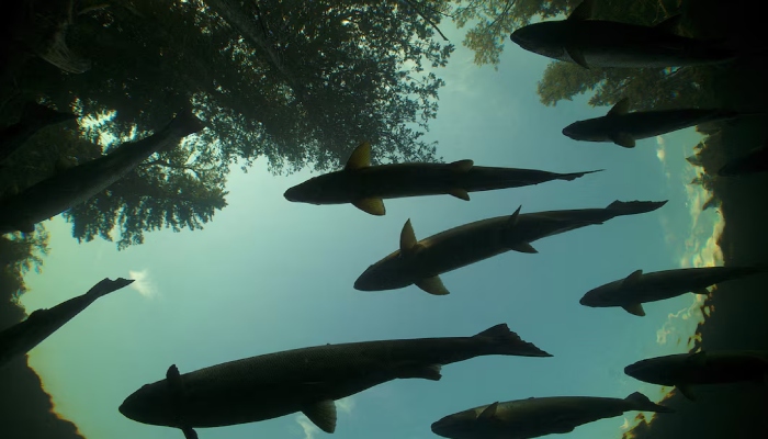 Atlantic salmon (Salmo salar) rest in a holding pool on upstream spawning migration, in Quebec, Canada in this undated photo. — Reuters/File
