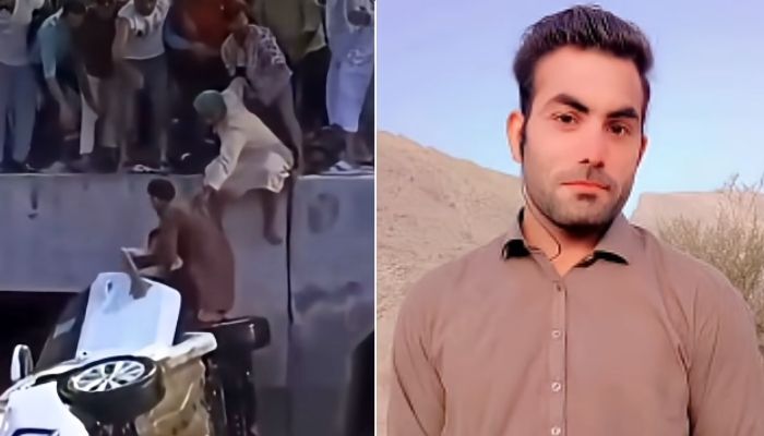 A photo collage shows Pakistani expat Shahzad Khan and a still of him rescuing people from a car being swept away in a flood in Oman. — YouTube/@mr.muscat91