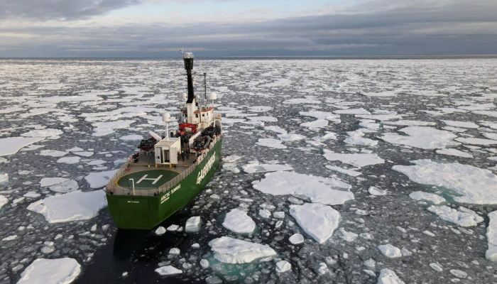 Greenpeaces Arctic Sunrise ship navigates through floating ice in the Arctic Ocean, September 15, 2020. Picture taken September 15, 2020. — Reuters