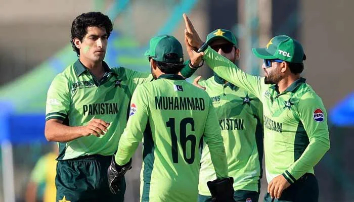 Pakistans Naseem Shah (left) celebrates with teammates after taking the wicket of New Zealands Will Young during ICC Champions Trophy 2025 match at National Stadium Karachi on February 19, 2025.  — Reuters