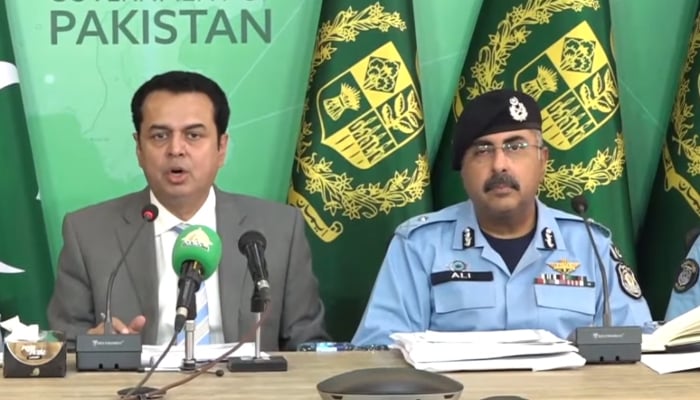 Minister of State for Interior Talal Chaudhry (left) and Islamabad Inspector General of Police Syed Ali Nasir Rizvi hold a press conference in Islamabad, March 31, 2026. — Screengrab via YouTube/Geo News
