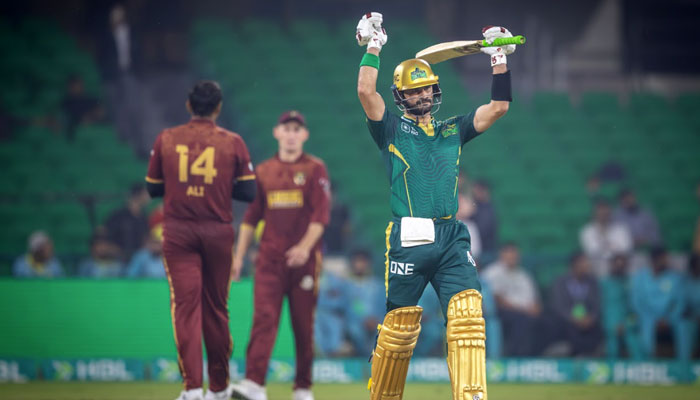Multan Sultans Sahibzada Farhan celebrates after completing his century during the Pakistan Super League 11s eighth match against Hyderabad Kingsmen at Gaddafi Stadium, Lahore, on April 1, 2026. — PSL