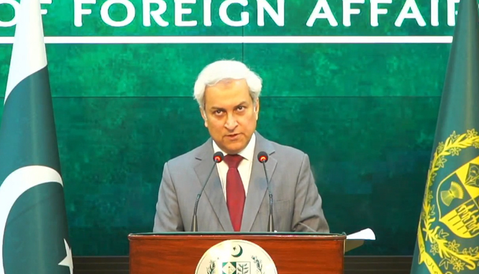 Foreign Office spokesperson Tahir Andrabi speaks during press briefing at Ministry of Foreign Affaris, Islamabad, April 2, 2026. — Screengrab via YouTube/Geo News