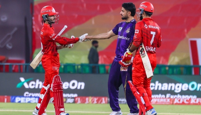 Islamabad Uniteds Sameer Minhas (left) and Shadab Khan (right) shake hands with Quetta Gladiators Abrar Ahmed after winning the match of Pakistan Super League 11 at Gaddafi Stadium, Lahore, on April 2, 2026. PSL