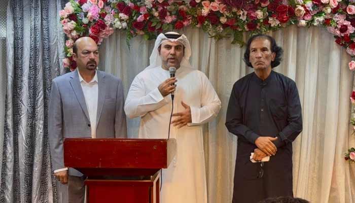 Bu Abdullah, Emirati entrepreneur and businessman, addresses the audience on stage along with Malik Aslam and Mian Munir Hans during the solidarity event in Dubai. Photo courtesy reporter.— Reporter