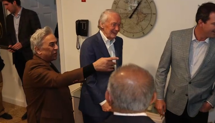 US Senator Edward J Markey (left) meets Shahid Khan, a member of the Board of Directors of the World Affairs Council of Boston (WorldBoston), at his residence, on April 8, 2026.