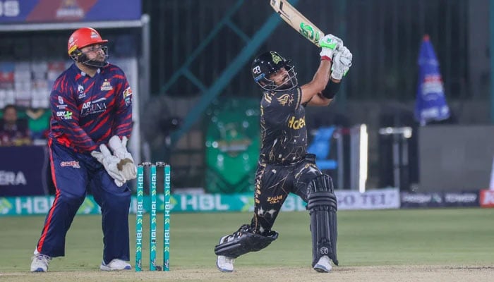 Peshawar Zalmis Babar Azam watches the ball after playing a shot during their PSL 11 match against Karachi Kings at the National Bank Stadium in Karachi on April 9, 2026. — PCB