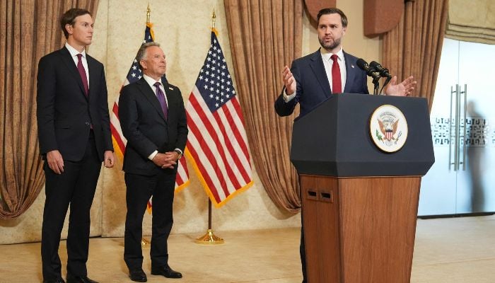 US Vice President JD Vance (R) speaks during a news conference after meeting with representatives from Pakistan and Iran, as US President Donald Trumps son-in-law Jared Kushner (L) and US Special Envoy to the Middle East Steve Witkoff (C) watch, in Islamabad on April 12, 2026. — AFP