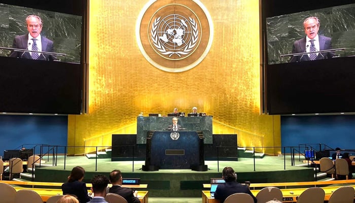 Pakistans Permanent Representative to the UN Ambassador Asim Iftikhar Ahmad addressing the General Assembly veto debate, on April 17, 2026. — X@PakistanUN_NY