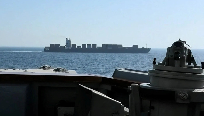 A view of Iranian-flagged cargo ship M/V Touska as the US Navy Arleigh Burke-class Aegis guided missile destroyer USS Spruance conducts its interception in a location given as the north Arabian Sea, in this screen capture from a video released April 19, 2026. — Reuters