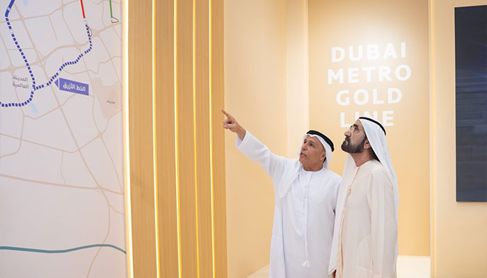 Dubai ruler Sheikh Mohammed bin Rashid Al Maktoum receives briefing on new metro project, Golden Line. — X/@HHShkMohd
