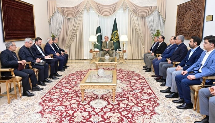 Prime Minister Shehbaz Sharif gestures during the meeting with the Iranian delegation at the PM Office, Islamabad, April 25, 2026. — PMO