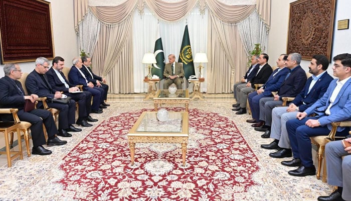 Prime Minister Shehbaz Sharif gestures during the meeting with the Iranian delegation at the PM Office, Islamabad, April 25, 2026. — PMO