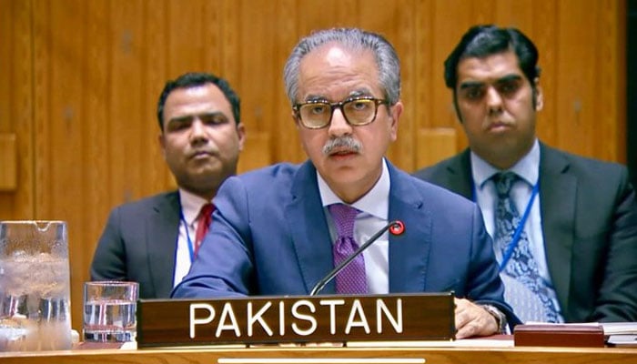 Pakistan’s Permanent Representative to the United Nations, Ambassador Asim Iftikhar Ahmad, addressing High-Level Open Debate on “The Safety and Protection of Waterways in the Maritime Domain at the UN Security Council on April 27, 2026. — X@PakistanUN_NY
