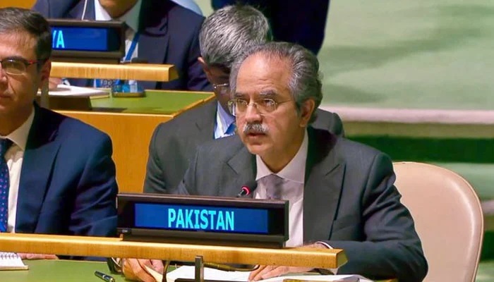 Pakistans Permanent Representative to the UN, Ambassador Asim Iftikhar Ahmad, addresses a debate at the Security Council. — X/@PakistanUN_NY/File