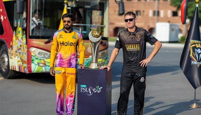 Babar Azam (left), captain of Peshawar Zalmi, and Marnus Labuschagne, captain of Hyderabad Kingsmen, pose with Pakistan Super League Trophy ahead of edition 11 final, Lahore, May 3, 2025. — Instagram/@thepsl