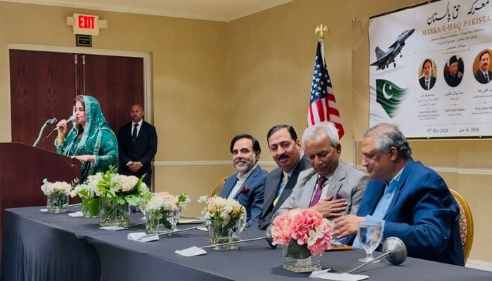 A speaker addresses the event named MARKA-E-HAQ PAKISTAN – Operation Bunyan-un-Marsoos, Battle of Truth Victory Day”  in Dallas.