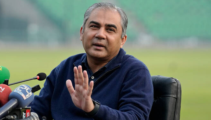Pakistan Cricket Board (PCB) Chairman Mohsin Naqvi addresses a presser at Gaddafi Stadium in Lahore on January 31, 2025. — AFP