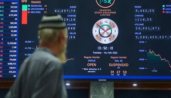 A broker looks at an index board showing the latest share prices at the Pakistan Stock Exchange in Karachi on February 14, 2023. — AFP