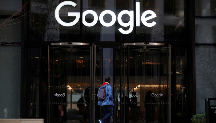 The Google logo is pictured at the entrance to the Google offices in London, Britain. — Reuters/File