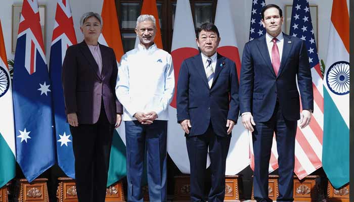 (From left to right), Australias Penny Wong, Indias Jaishankar, Japans Toshimitsu Motegi and US Secretary of State Marco Rubio pose for group a picture during third gathering of the Quad since September 2024.— X/@DrSJaishankar