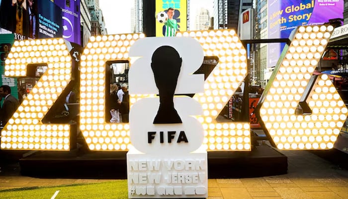 The New York/New Jerseys Fifa World Cup 2026 logo is revealed during the kickoff event in Times Square in New York City, US, May 18, 2023.  — Reuters