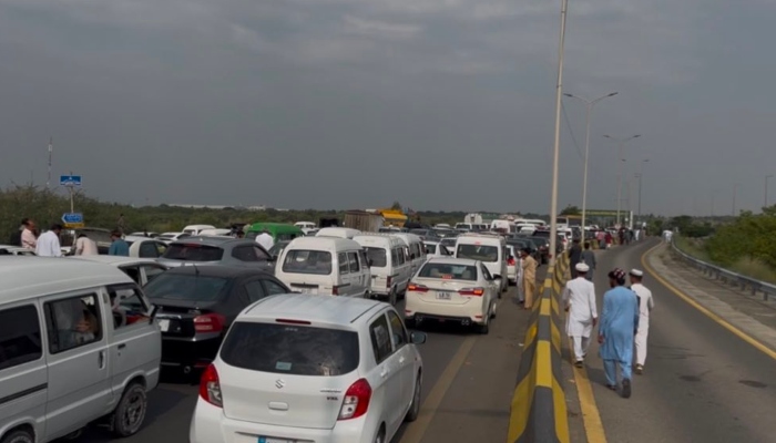 Traffic congestion is seen near the entrance of Islamabad airport on May 30, 2026. —  X@AsadQaiserPTI
