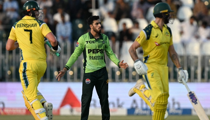 Pakistans Arafat Minhas (center) reacts during the first ODI match against Australia at the Rawalpindi Cricket Stadium on May 30, 2026. — AFP
