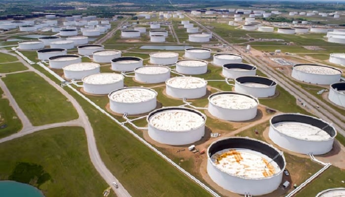 Crude oil storage tanks are seen in an aerial photograph at the Cushing oil hub in Cushing, Oklahoma, US, April 21, 2020.— Reuters