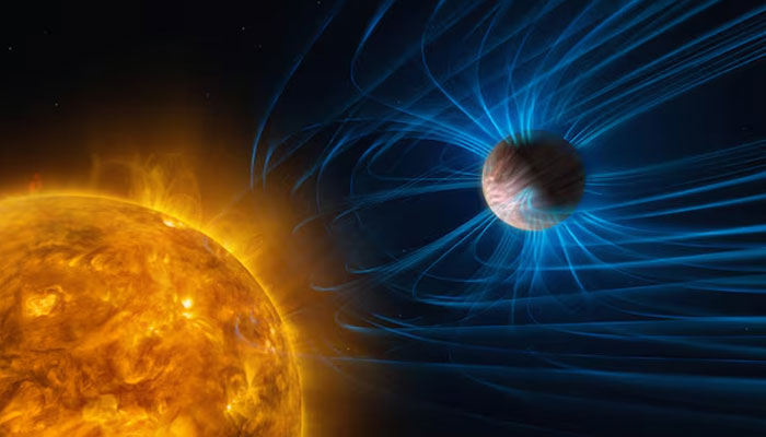 This illustration shows magnetic activity in an exoplanet that is a gas giant like Jupiter but orbits very close to its host star and is tidally locked.— Reuters