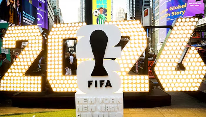 The New York/New Jerseys FIFA World Cup 2026 logo is revealed during the kickoff event in Times Square in New York City, US, May 18, 2023.  — Reuters