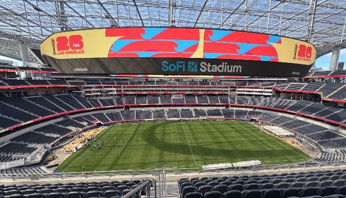 LA World Cup 2026 branding pictured during the unveiling of the new test soccer pitch in anticipation of Nations League play and 2026 World Cup at SoFi Stadium, Inglewood, California, USA, March 13, 2025. — Reuters