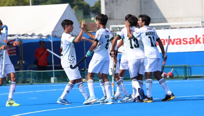 Pakistan players celebrate during their Mens U18 Hockey Asia Cup third-place playoff against Malaysia at the Kawasaki Heavy Industries Hockey Stadium in Kakamigahara, Japan, June 6, 2026. — Asian Hockey Federation