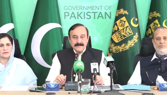 Federal Minister for Parliamentary Affairs Dr Tariq Fazal Chaudhry (centre) addresses a press conference in Islamabad, June 7, 2026. — Screengrab via YouTube/Geo News