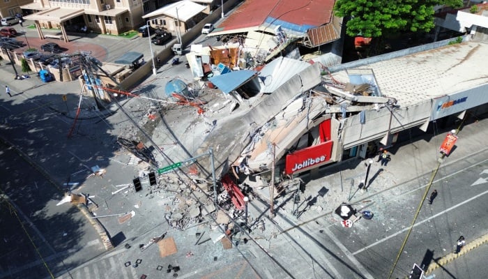 A drone view shows a collapsed building after a magnitude 7.8 quake in General Santos, Mindanao Island, Philippines, June 8, 2026. — Reuters