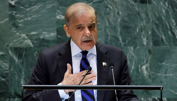 Prime Minister Shehbaz Sharif addresses the 79th United Nations General Assembly at UN headquarters in New York, US, September 27, 2024. — Reuters