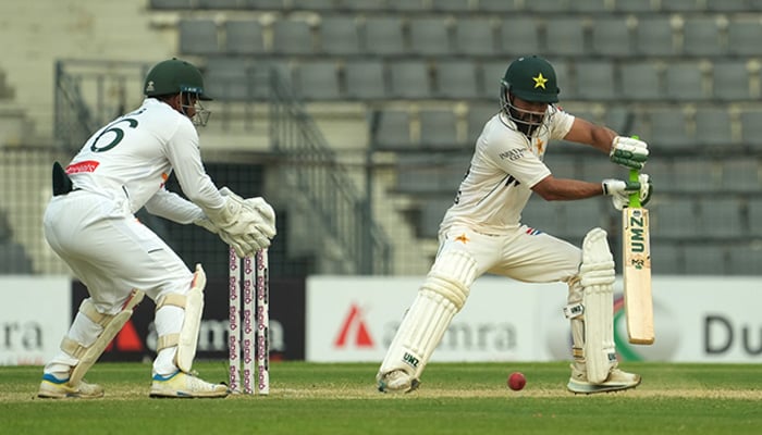 Pakistans Muhammad Rizwan plays a shot during the fourth day of the second Test cricket match between Bangladesh and Pakistan at the Sylhet International Cricket Stadium in Sylhet on May 19, 2026. — PCB