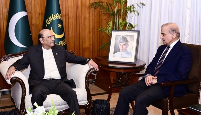 Prime Minister Shehbaz Sharif (right) calls on President Asif Ali Zardari at President House, Islamabad, June 08, 2026. — X/@PresofPakistan
