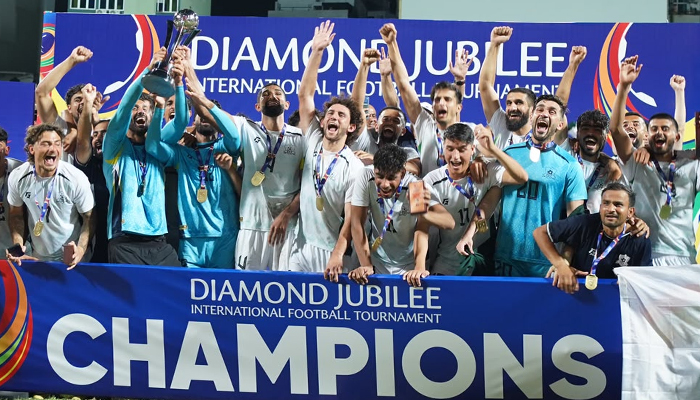 Pakistan players celebrate after winning the Diamond Jubilee International Football Tournament final against Afghanistan at the National Football Stadium in Male on June 10, 2026. — Reporter
