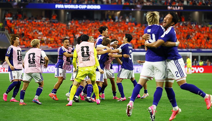 Japans Koki Ogawa and Yukinari Sugawara celebrate Daichi Kamadas second goal against the Netherlands, Fifa World Cup 2026 – Group F – Netherlands v Japan – Dallas Stadium, Arlington, Texas, US, June 14, 2026. — Reuters