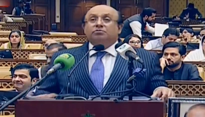 Punjab Finance Minister Mian Mujtaba Shuja-ur-Rehman addresses the assembly session to present provincial budget for financial year 2026-27 on June 16, 2026. — Screengrab via Geo News