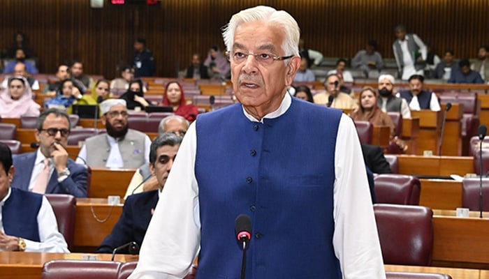 Defence Minister Khawaja Asif addresses the National Assembly session on June 15, 2026. — Facebook/@NationalAssemblyOfPakistan