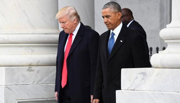 US President Donald Trump and former President Barack Obama walk out of the East front prior to Obamas departure from the 2017 Presidential Inauguration at the US Capitol in Washington, DC, US January 20, 2017. — Reuters