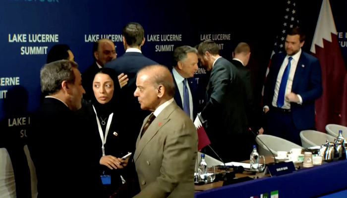 Prime Minister Shehbaz Sharif welcomes Irans Foreign Minister Abbas Araqchi, as US Vice President JD Vance, US delegation members stand in the background, before the start of a quadrilateral meeting between the US Iran, Pakistan, and Qatar at the Lake Lucerne Summit, aimed at advancing a deal to end the Middle East conflict, at Buergenstock Resort Lake Lucerne, near Stansstad, Switzerland, June 21, 2026. — Reuters