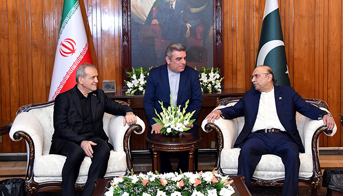 Iranian President Masoud Pezeshkian meets President Asif Ali Zardari at Aiwan-i-Sadr on June 23, 2026. — X/@MediaCellPPP