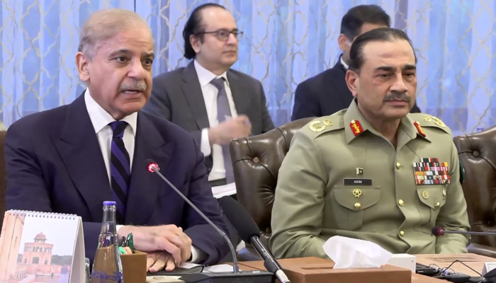 Prime Minister Shehbaz Sharif speaks during delegation-level talks with Iranian President Masoud Pezeshkian in Islamabad on June 23, 2026. Chief of Defence Forces Field Marshal Syed Asim Munir is also present. — Screengrab via X/@GovtofPakistan