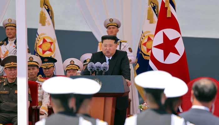 North Korean leader Kim Jong Un speaks during the commissioning ceremony of the new multipurpose destroyer Choe Hyon at Nampho port, North Korea, June 23, 2026, in this picture released by North Koreas official Korean Central News Agency.— Reuters